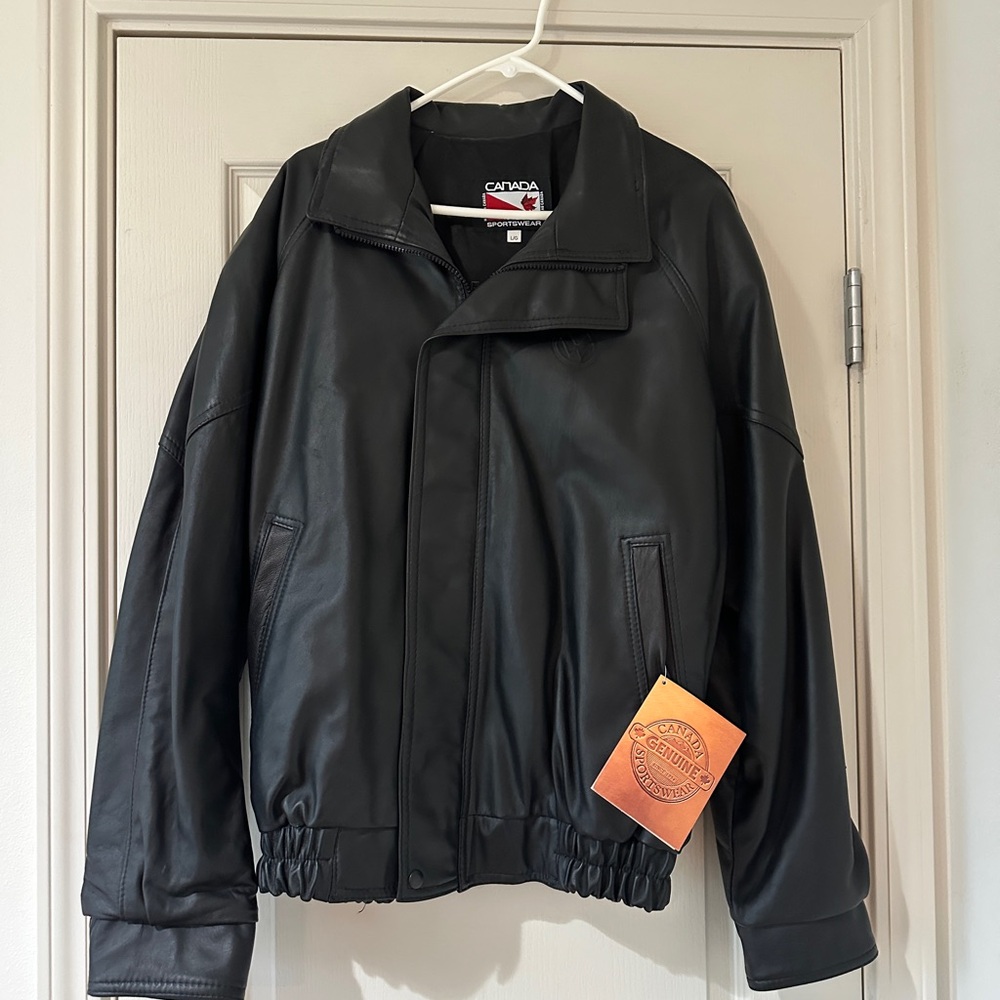 Black Bomber Jacket with Ribbed Cuffs and Zipper Closure